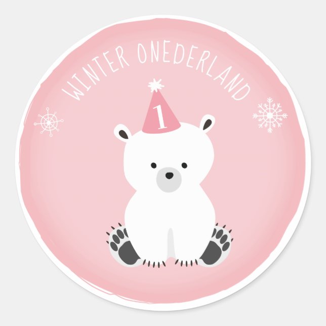 Polar Bear Winter Onederland Pink Birthday Classic Round Sticker (Front)