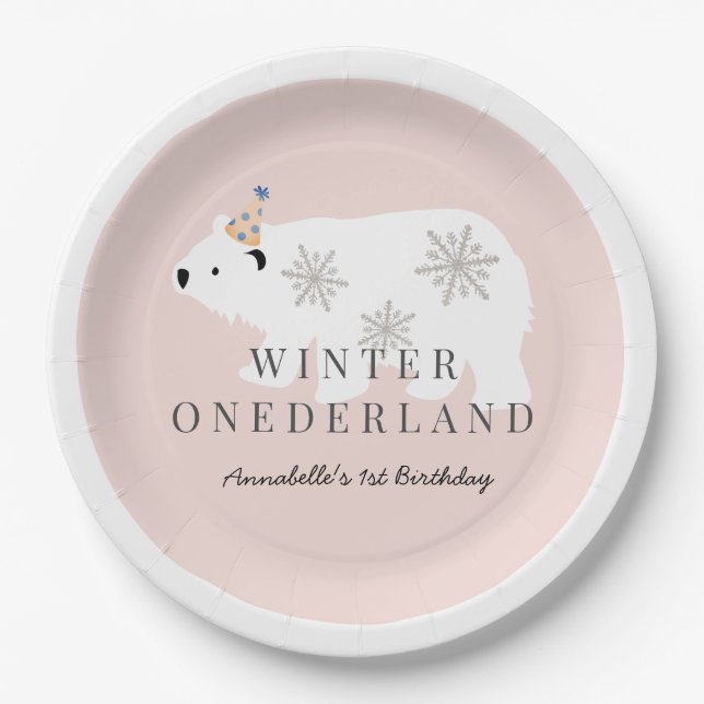 Polar Bear Winter Onederland Pink Birthday Paper Plates (Front)