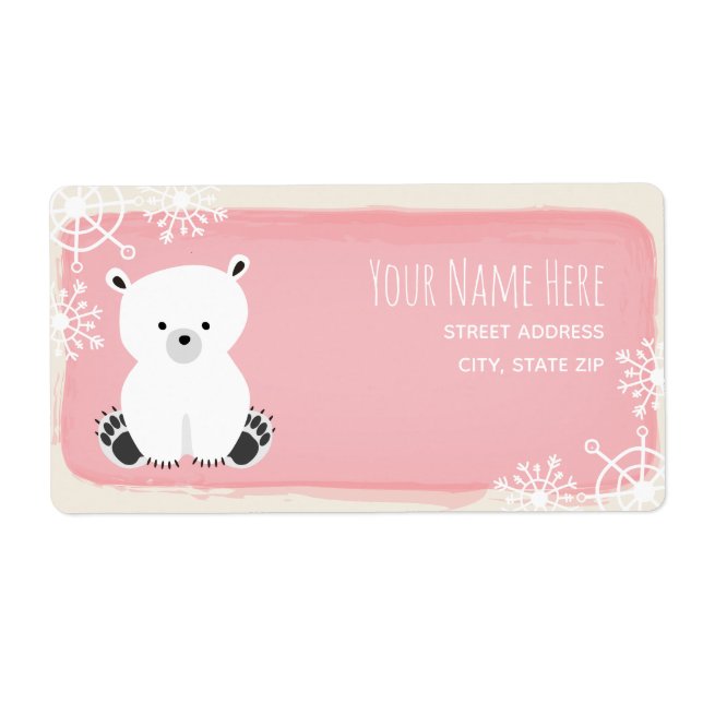 Polar Bear Winter Pink Girl Baby Shower Label (Front)