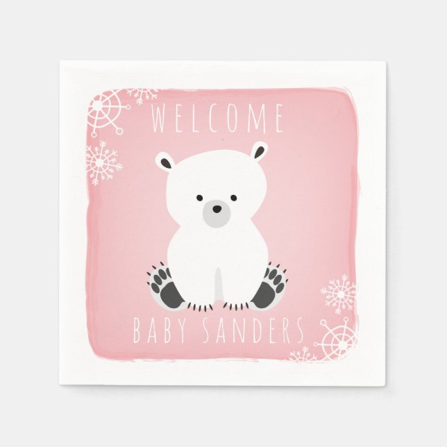 Polar Bear Winter Pink Girl Baby Shower Napkins (Front)