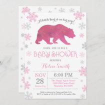 Polar Bear Winter Pink Girl Baby Shower Snowflake Invitation