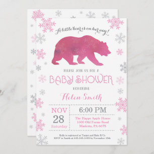 Polar Bear Winter Pink Girl Baby Shower Snowflake Invitation