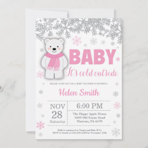 Polar Bear Winter Pink Girl Baby Shower Snowflake Invitation