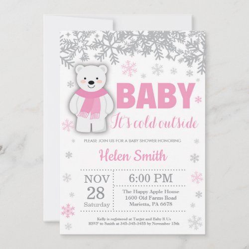 Polar Bear Winter Pink Girl Baby Shower Snowflake Invitation