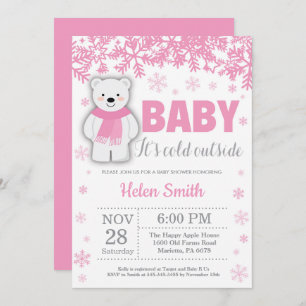 Polar Bear Winter Pink Girl Baby Shower Snowflake Invitation
