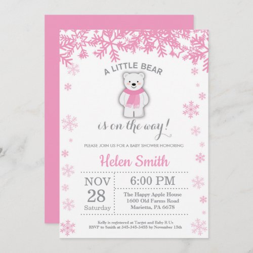Polar Bear Winter Pink Girl Baby Shower Snowflake Invitation