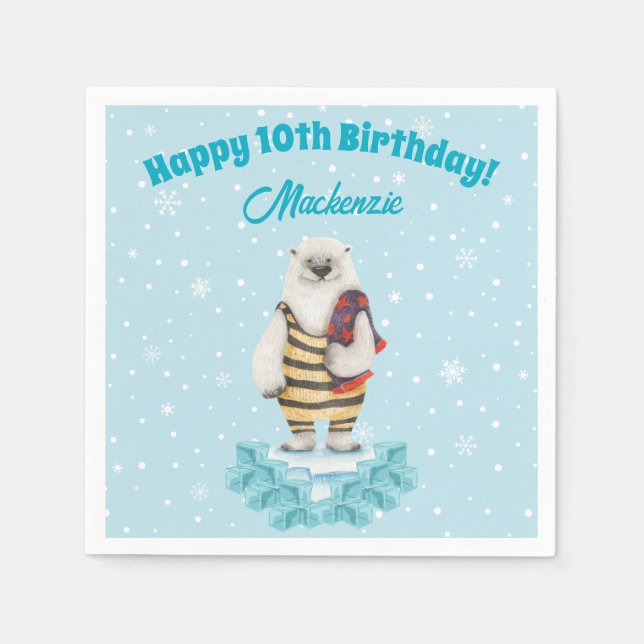Polar Bear Winter Pool Kids Birthday Party Napkins (Front)