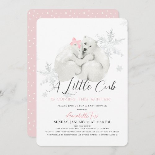 Polar Bear Winter Snowflake Pink Girl Baby Shower Invitation