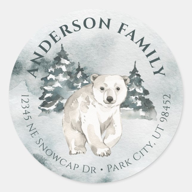Polar Bear Winter Watercolor Small Round Labels (Front)