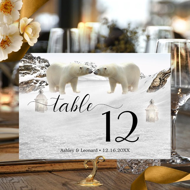 Polar Bear Winter Wedding Table Number Card (Wedding table number card featuring a snow covered mountain landscape with bears and festive lantern)