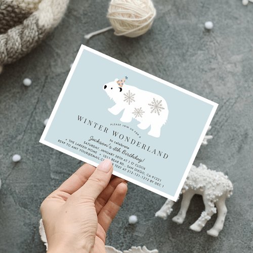 Polar Bear Winter Wonderland Blue Birthday Invitation