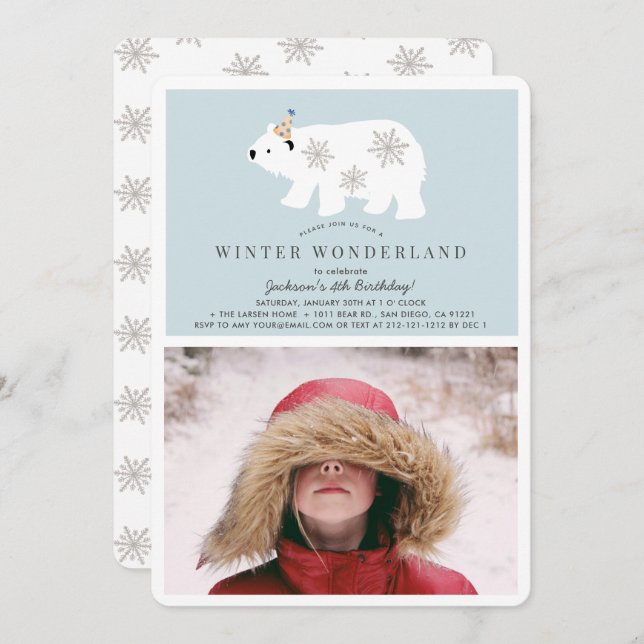 Polar Bear Winter Wonderland Photo Blue Birthday Invitation (Front/Back)