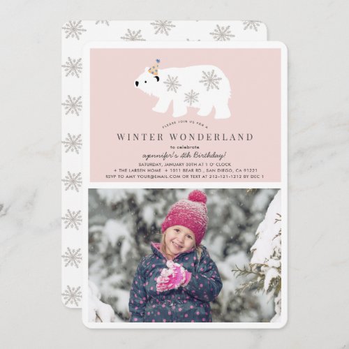 Polar Bear Winter Wonderland Photo Pink Birthday Invitation