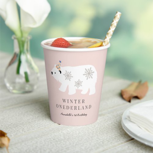 Polar Bear Winter Wonderland Pink 1st Birthday Paper Cups
