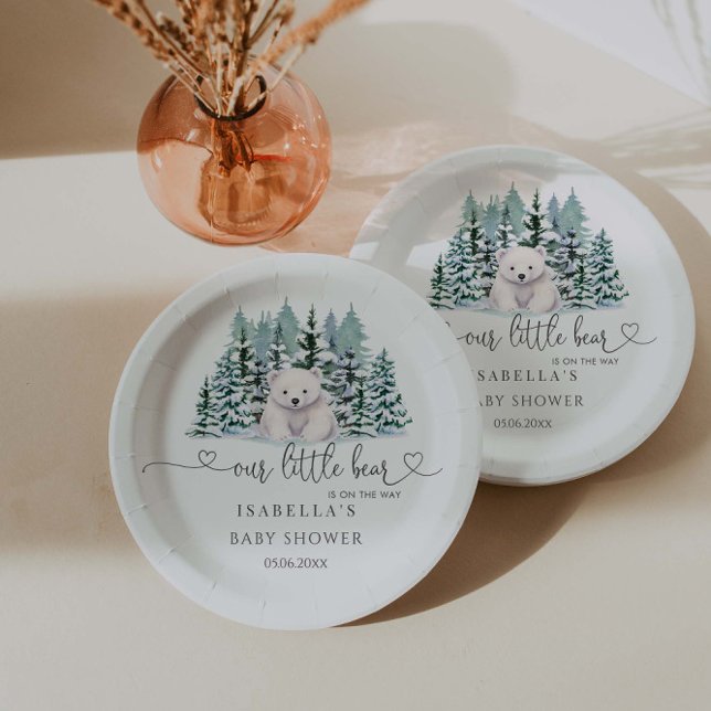 Polar Bear Winter Woodland Minimalist Baby Shower Paper Plates (Creator Uploaded)