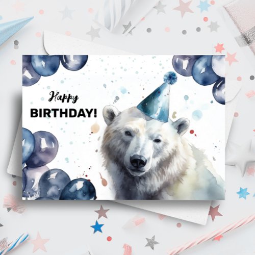 Polar Bear with Balloons and Party Hat Birthday Card