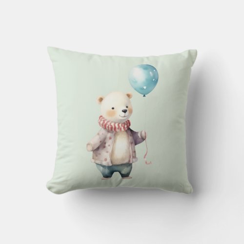 Polar bear with blue balloon throw pillow