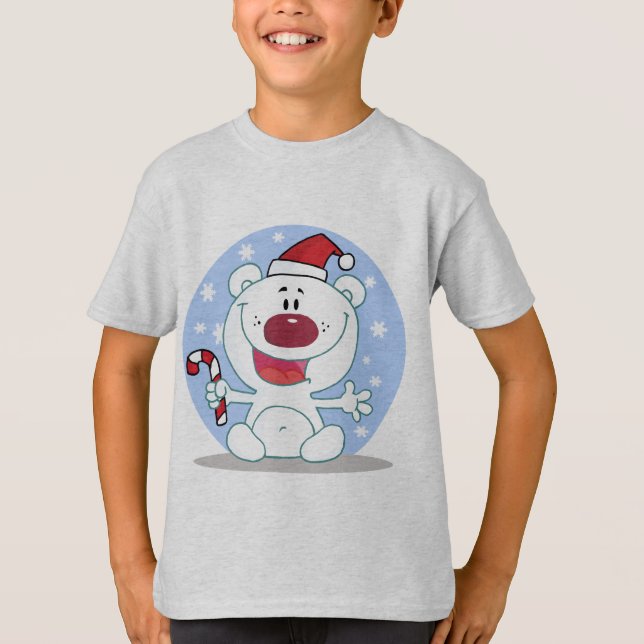 Polar  Bear With Candy Cane Holiday Tshirts (Front)