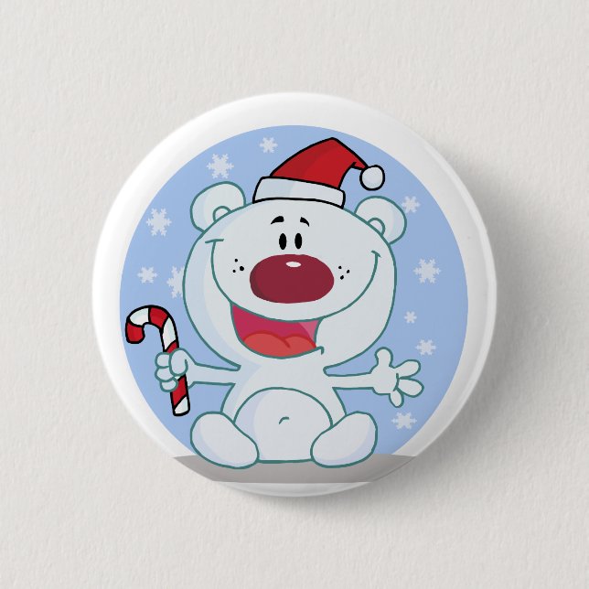 Polar  Bear With Candy Cane Holiday Tshirts Pinback Button (Front)