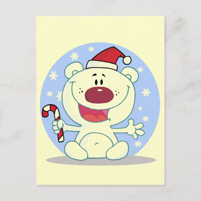 Polar  Bear With Candy Cane Holiday Tshirts Postcard (Front)