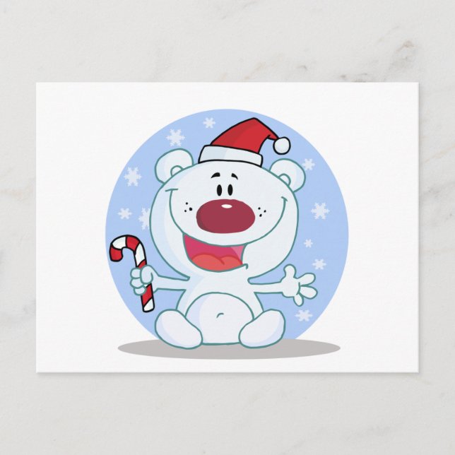 Polar  Bear With Candy Cane Holiday Tshirts Postcard (Front)