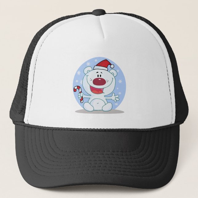 Polar  Bear With Candy Cane Holiday Tshirts Trucker Hat (Front)