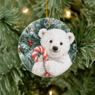 Polar Bear With Candy Stick Ceramic Ornament