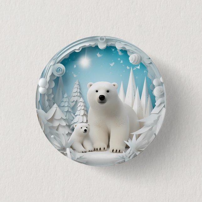 Polar Bear with Cub Arctic Ocean White Winter Button (Front)