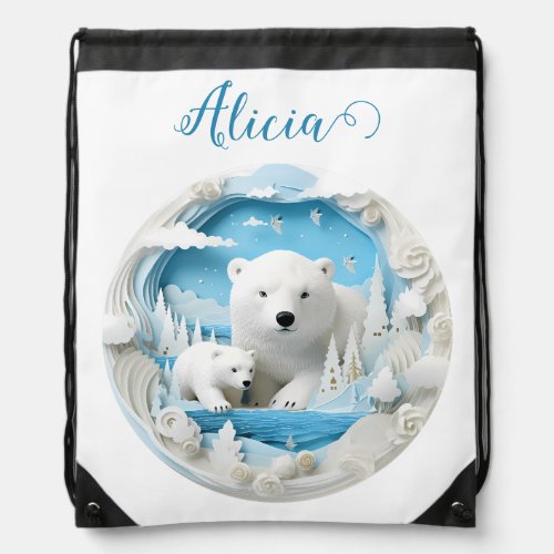 Polar Bear with Cub Arctic Ocean White Winter Drawstring Bag