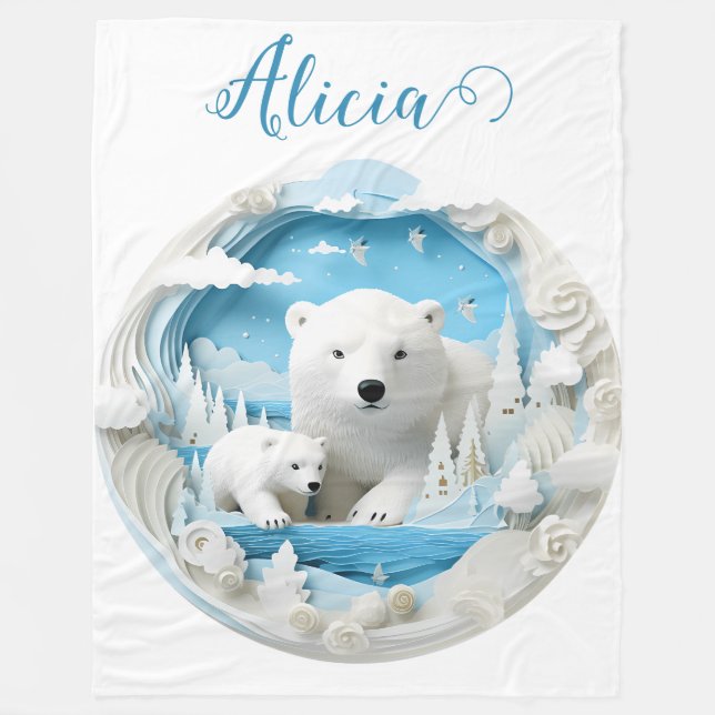 Polar Bear with Cub Arctic Ocean White Winter Fleece Blanket (Front)