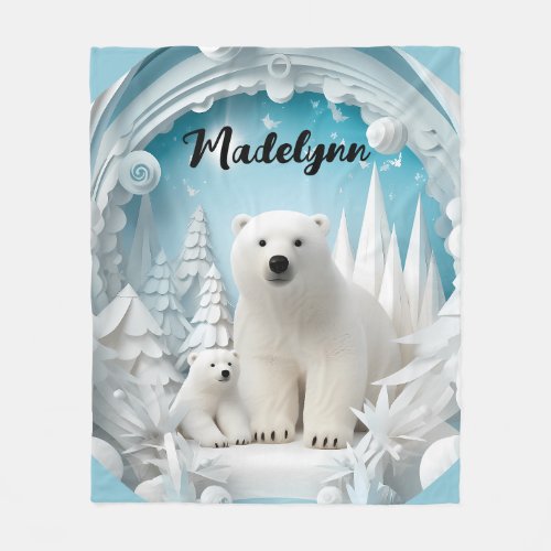 Polar Bear with Cub Arctic Ocean White Winter  Fleece Blanket