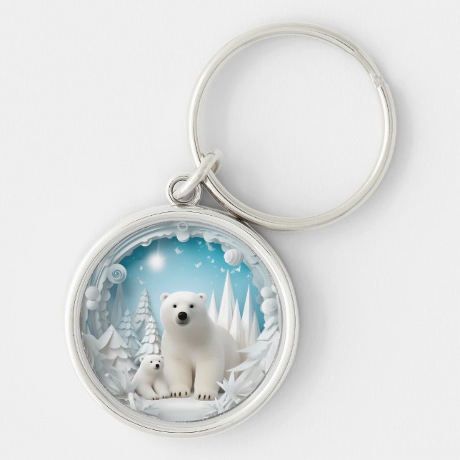 Polar Bear with Cub Arctic Ocean White Winter Keychain (Front)