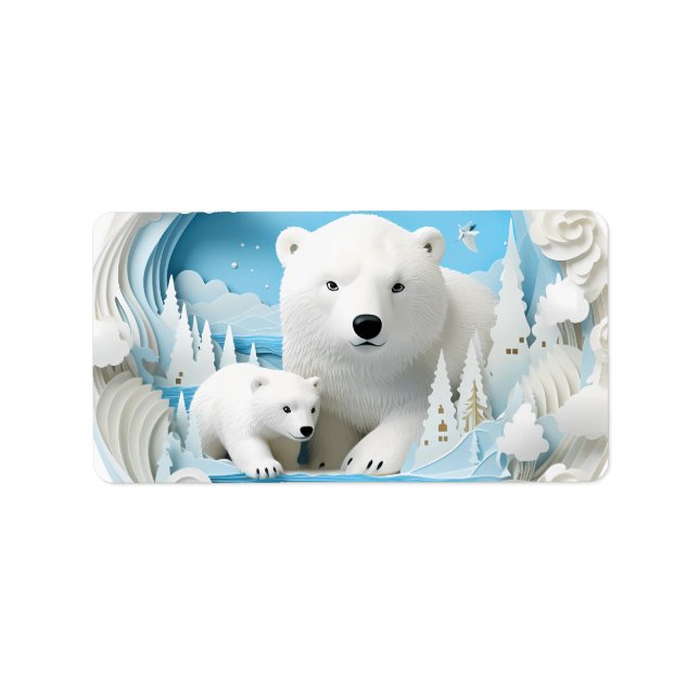 Polar Bear with Cub Arctic Ocean White Winter Label (Front)
