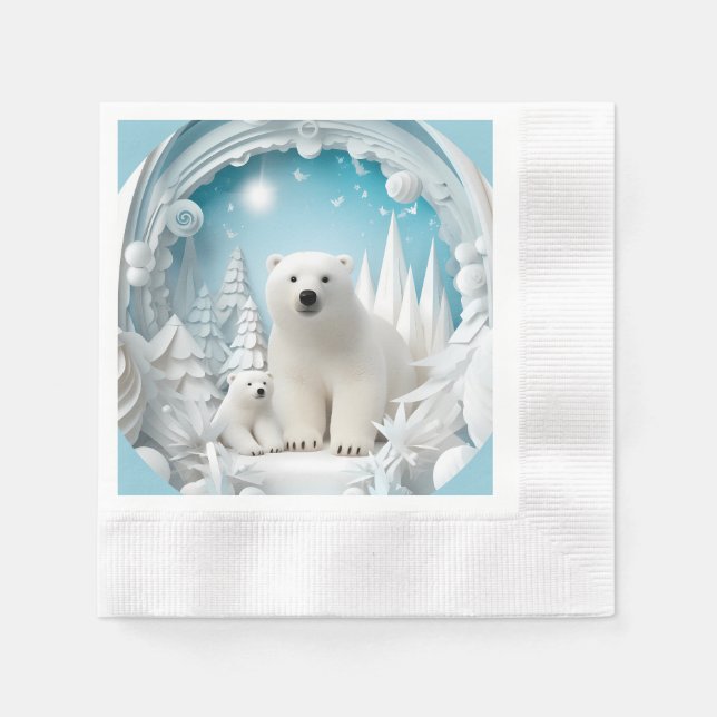 Polar Bear with Cub Arctic Ocean White Winter Napkins (Front)