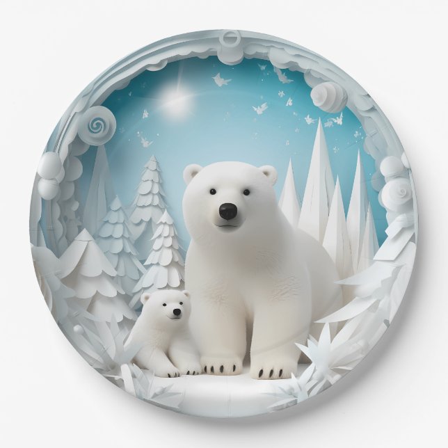 Polar Bear with Cub Arctic Ocean White Winter Paper Plates (Front)