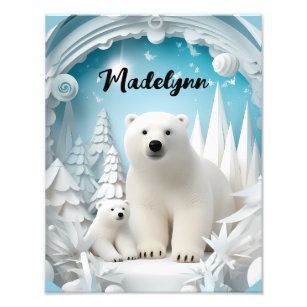 Polar Bear with Cub Arctic Ocean White Winter  Photo Print