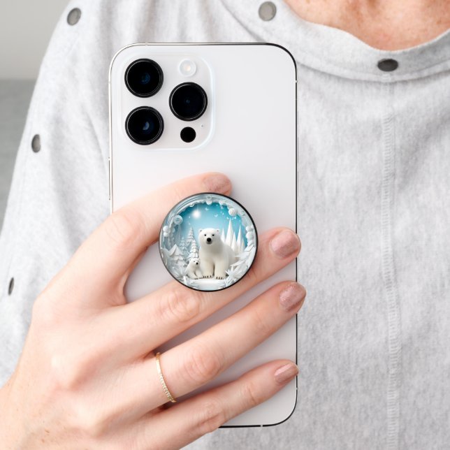 Polar Bear with Cub Arctic Ocean White Winter PopSocket (Hand)