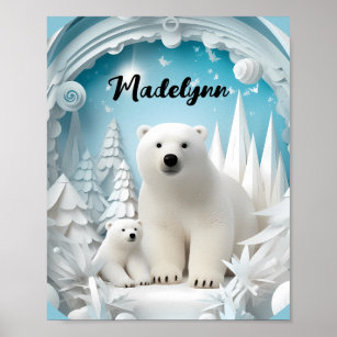 Polar Bear with Cub Arctic Ocean White Winter  Poster