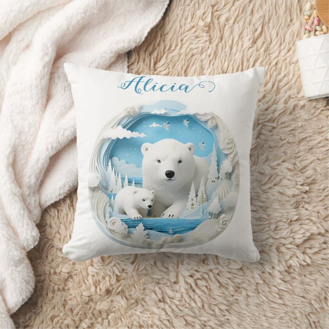 Polar Bear with Cub Arctic Ocean White Winter Throw Pillow (Blanket)