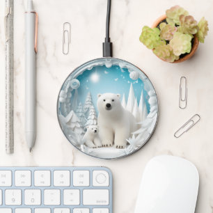 Polar Bear with Cub Arctic Ocean White Winter Wireless Charger