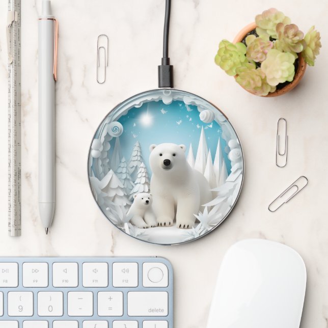 Polar Bear with Cub Arctic Ocean White Winter Wireless Charger (Desk)