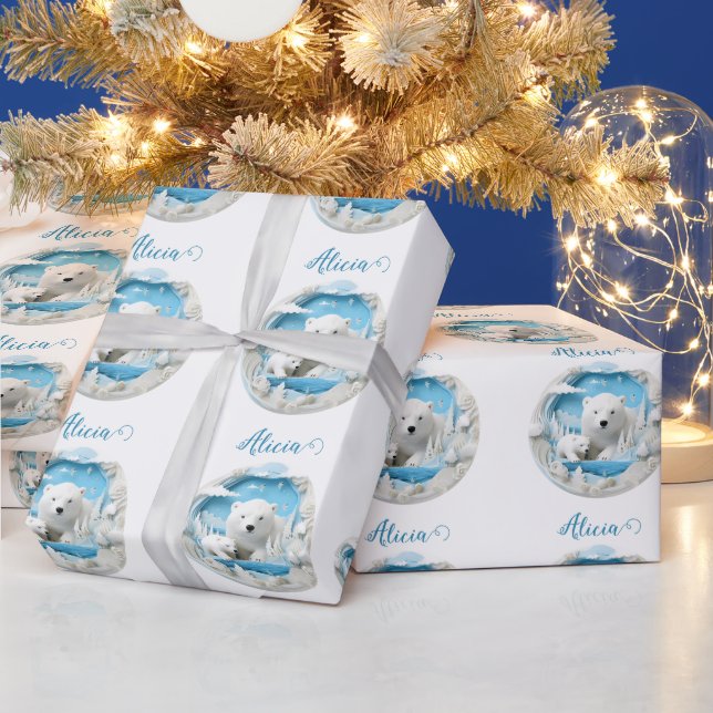 Polar Bear with Cub Arctic Ocean White Winter Wrapping Paper (Holidays)