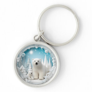 Polar Bear with Cub Arctic Winter Keychain