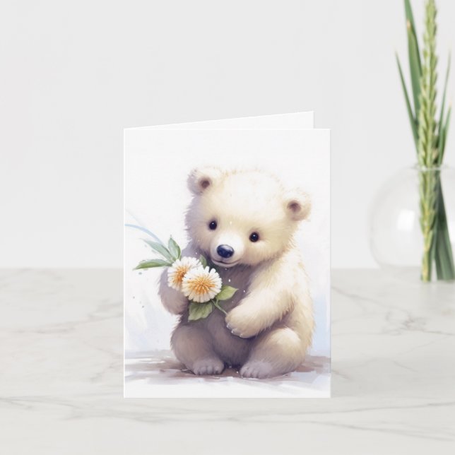 Polar Bear With Flowers Note Card (Front)