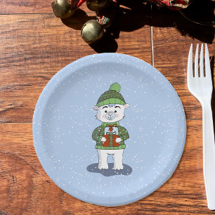 Polar Bear with Gift Blue Holiday Paper Plate