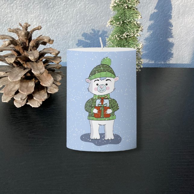 Polar Bear with Gift Blue Holiday Pillar Candle (Cute polar bear with gifts blue Holiday candle .)