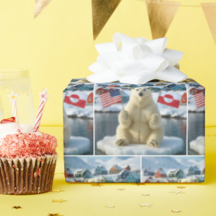 Polar Bear With Greenland and American Flags Wrapping Paper