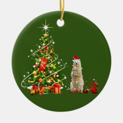 Polar bear With Hat LIGHTS Christmas Ceramic Ornament