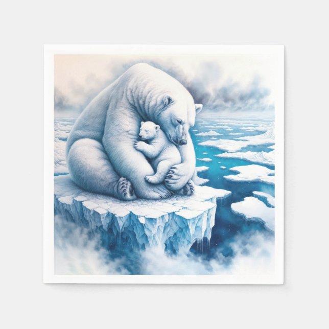 Polar Bear With Her Cub On a Glacier Napkins (Front)