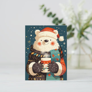 Polar Bear with Hot Chocolate Mug Holiday Postcard